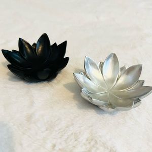 Matching Set of 2  Ceramic Votive Candle Holders Jewelry Dish Silver & Black